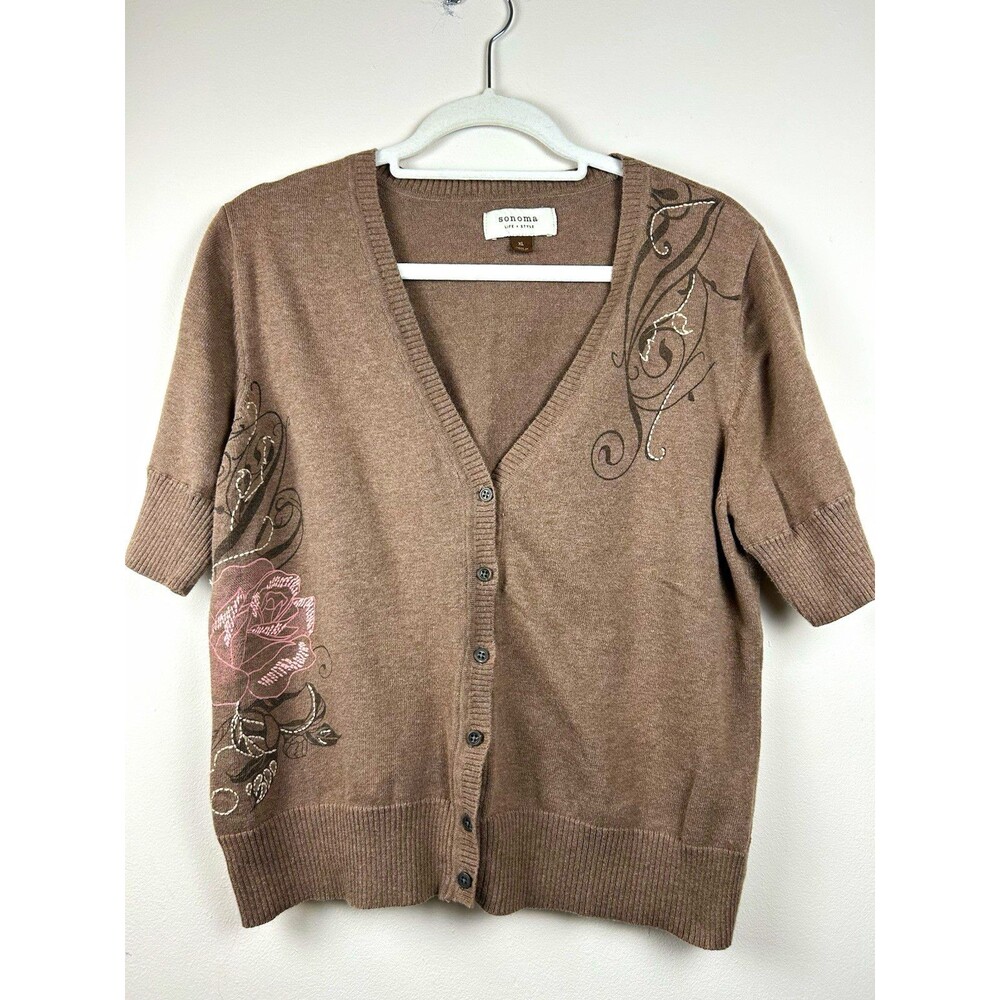 Sonoma Life Style 100% Cotten XL Brown Knit V-Neck Buttoned Floral Cardigan Y2K